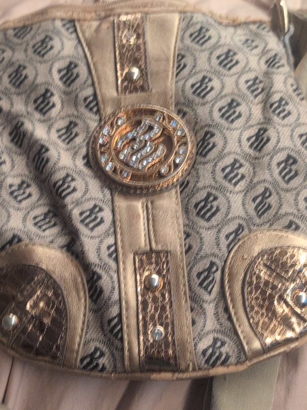 Rocawear Beige and Gold Monogram Shoulder Bag with Medallion